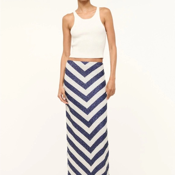 STAUD Blue and White Sequin Maxi Pencil Skirt
